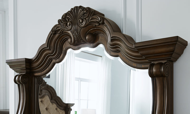 Maylee Dark Brown California King Upholstered Bed with Mirrored Dresser from Ashley - Luna Furniture