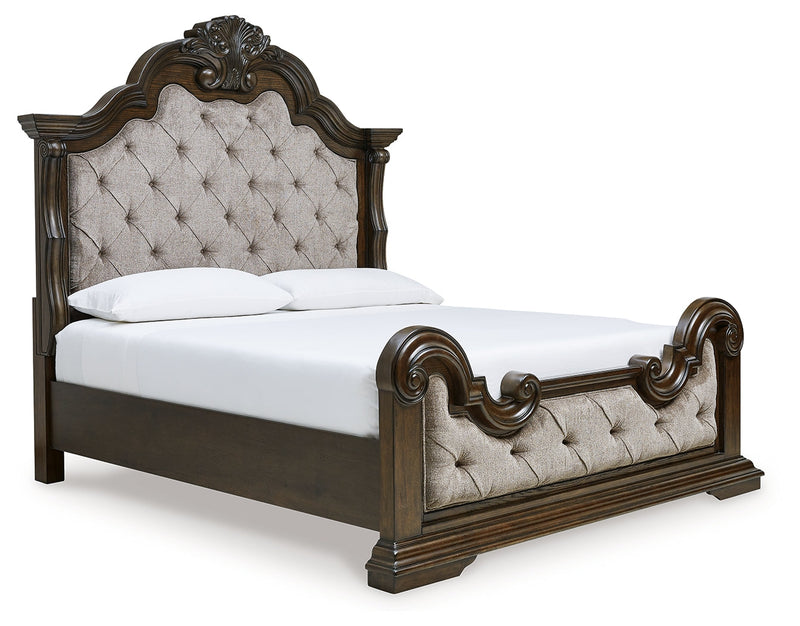 Maylee Dark Brown California King Upholstered Bed with Mirrored Dresser from Ashley - Luna Furniture