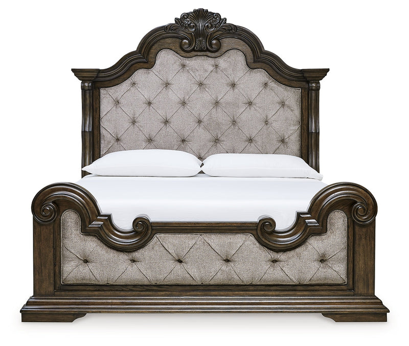 Maylee Dark Brown Queen Upholstered Bed with Mirrored Dresser from Ashley - Luna Furniture