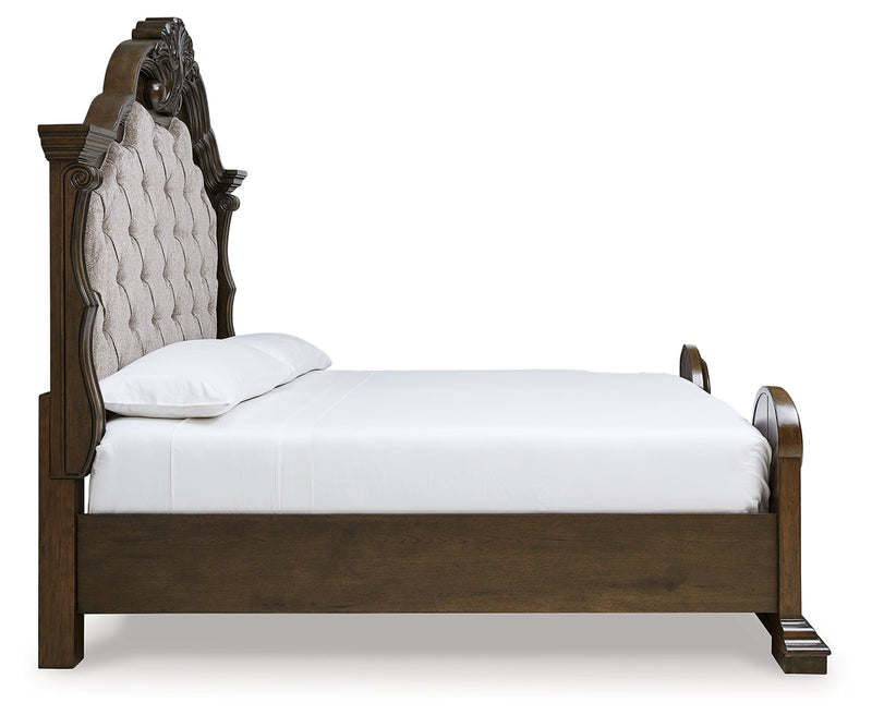 Maylee Dark Brown King Upholstered Bed with Mirrored Dresser from Ashley - Luna Furniture