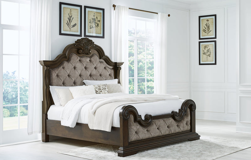 Maylee Dark Brown King Upholstered Bed with Mirrored Dresser from Ashley - Luna Furniture
