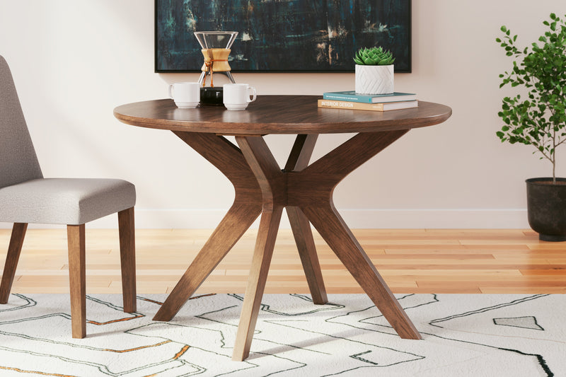 Lyncott Brown Round Dining Table and 4 Blue/Brown Chairs from Ashley - Luna Furniture