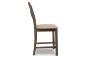 Moriville Grayish Brown Counter Height Dining Table with 4 Barstools, Bench, and Server -  Ashley - Luna Furniture