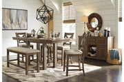 Moriville Grayish Brown Counter Height Dining Table with 4 Barstools, Bench, and Server -  Ashley - Luna Furniture