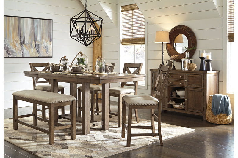 Moriville Grayish Brown Counter Height Dining Table with 4 Barstools, Bench, and Server -  Ashley - Luna Furniture