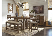 Moriville Grayish Brown Counter Height Dining Table with 4 Barstools, Bench, and Server -  Ashley - Luna Furniture