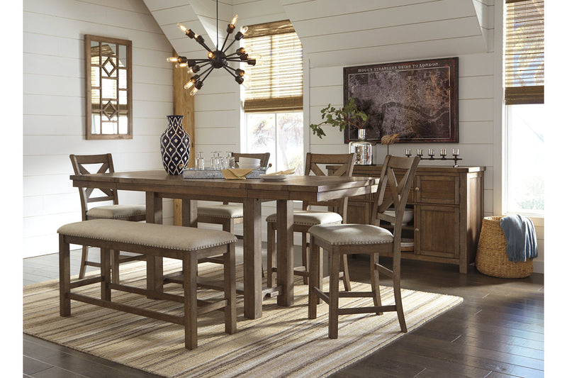 Moriville Grayish Brown Counter Height Dining Table with 4 Barstools, Bench, and Server -  Ashley - Luna Furniture