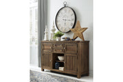 Moriville Grayish Brown Counter Height Dining Table, 4 Barstools and Server -  Ashley - Luna Furniture