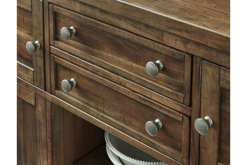 Moriville Grayish Brown Counter Height Dining Table with 4 Barstools, Bench, and Server -  Ashley - Luna Furniture
