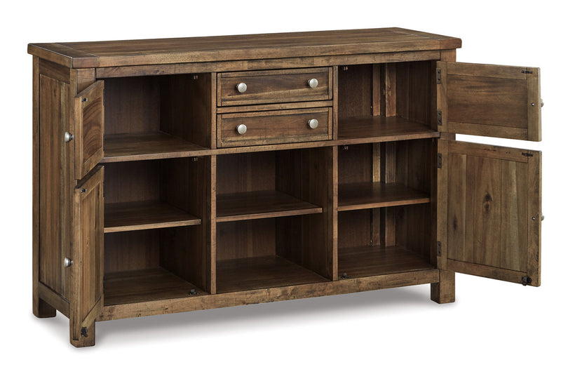 Moriville Grayish Brown Counter Height Dining Table with 4 Barstools, Bench, and Server -  Ashley - Luna Furniture