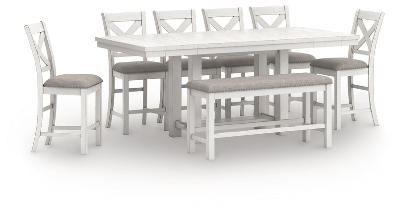 Robbinsdale Antique White Counter Height Extension Dining Table, 6 Barstools and Bench from Ashley - Luna Furniture