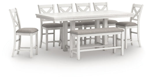 Robbinsdale Antique White Counter Height Extension Dining Table, 6 Barstools and Bench from Ashley - Luna Furniture