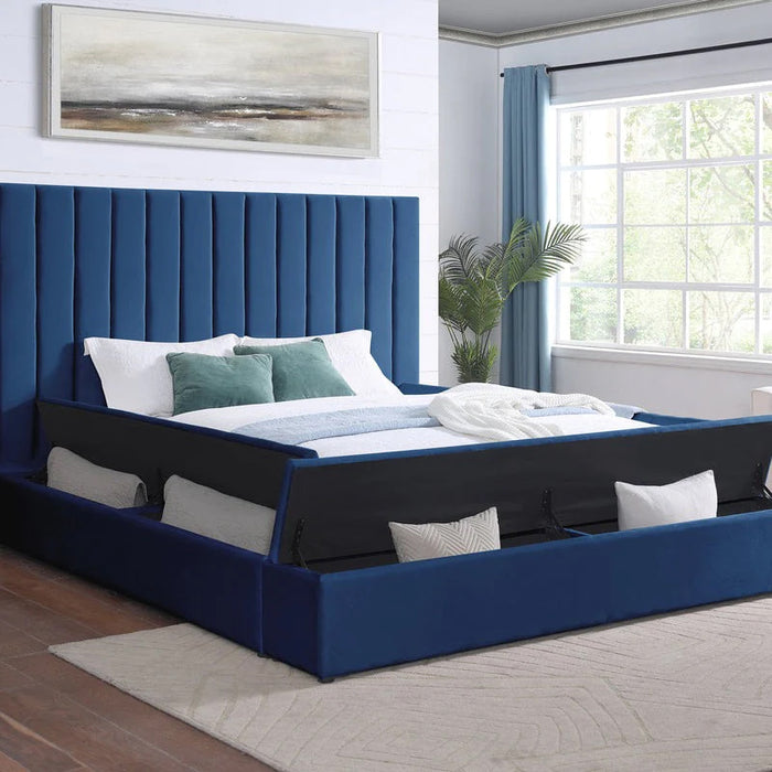 France Blue Velvet King Platform Bed
