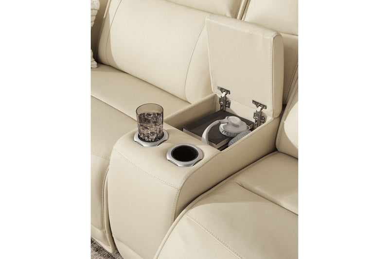 Double Deal Almond 2-Piece Power Reclining Loveseat Sectional with Console -  Ashley - Luna Furniture