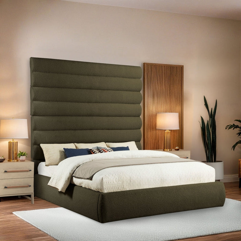 Adam Boucle Fabric Upholstered King Bed in Olive - B1256Olive-K90