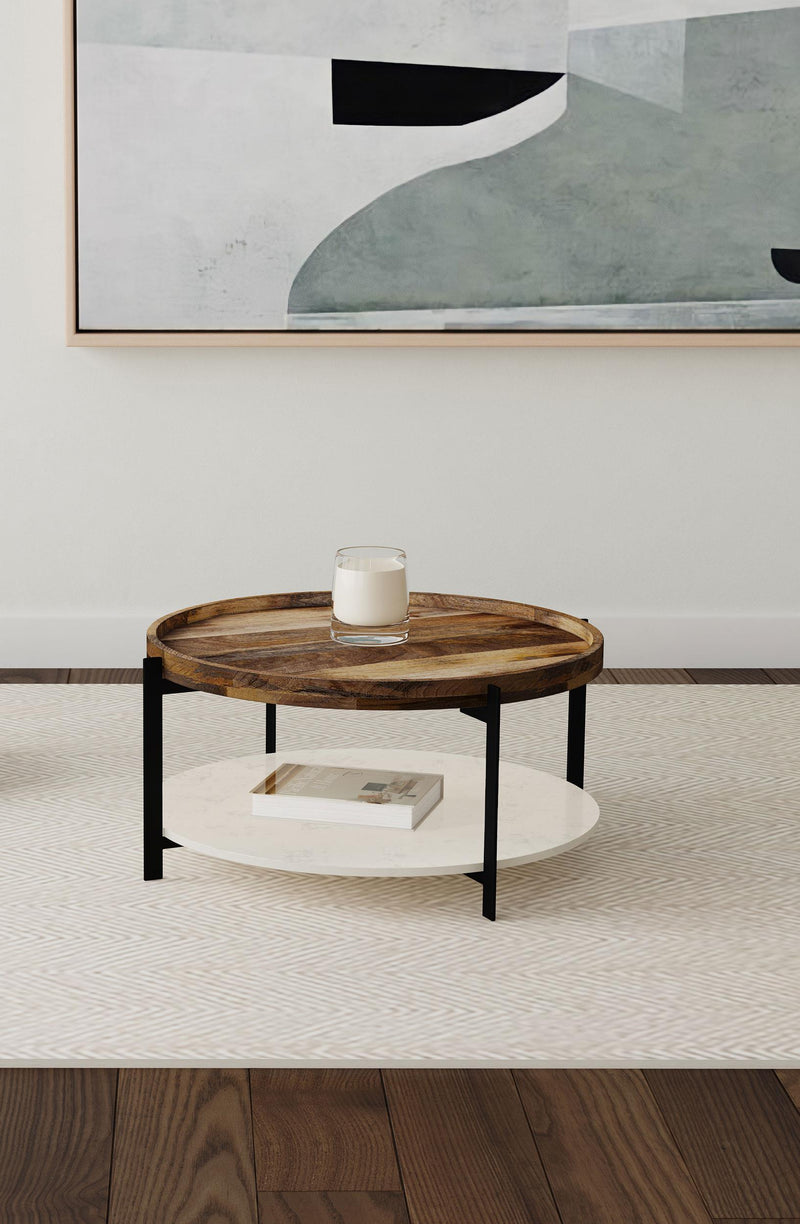 Adhvik Round Wood Top Marble Shelf Coffee Table Natural - 721888