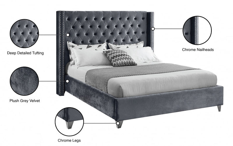 Aiden Velvet King Bed Grey - Gate FurnitureKing Bed