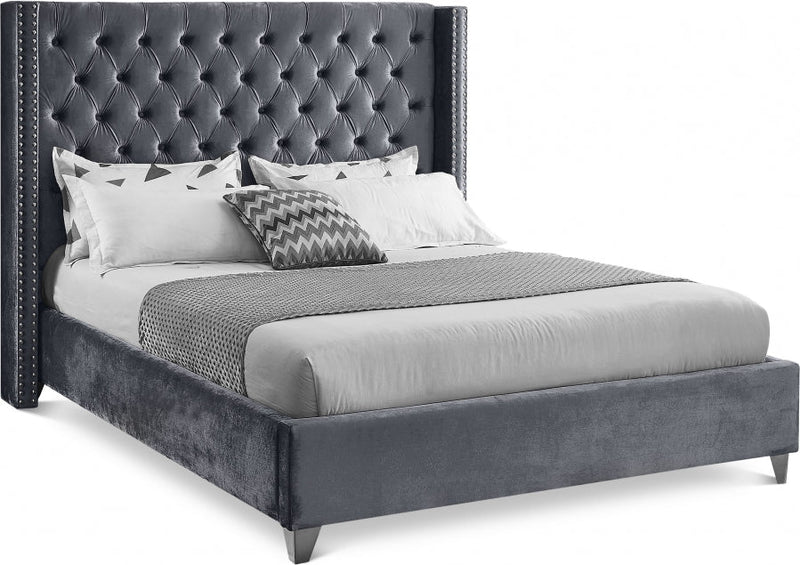 Aiden Velvet King Bed Grey - Gate FurnitureKing Bed