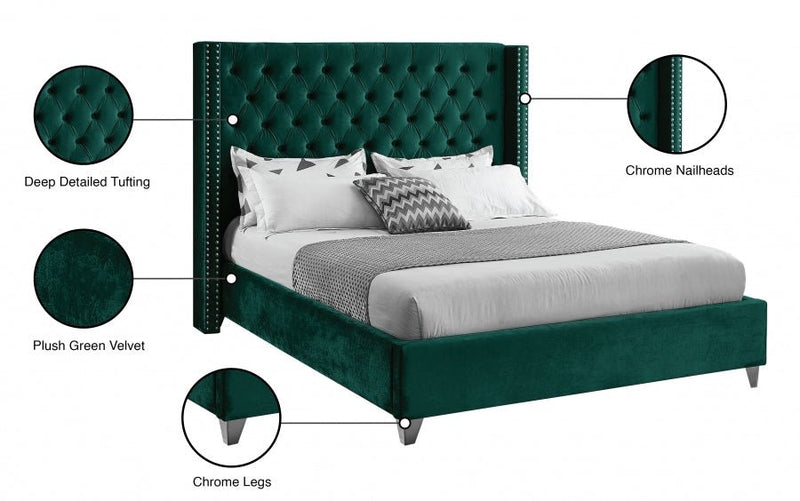 Aiden Velvet Queen Bed Green - Gate FurnitureQueen Bed