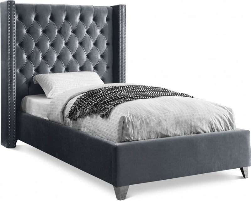 Aiden Velvet Twin Bed Grey - Gate FurnitureTwin Bed