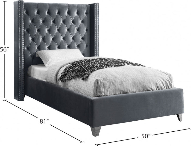 Aiden Velvet Twin Bed Grey - Gate FurnitureTwin Bed
