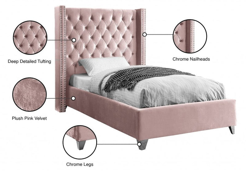 Aiden Velvet Twin Bed Pink - Gate FurnitureTwin Bed