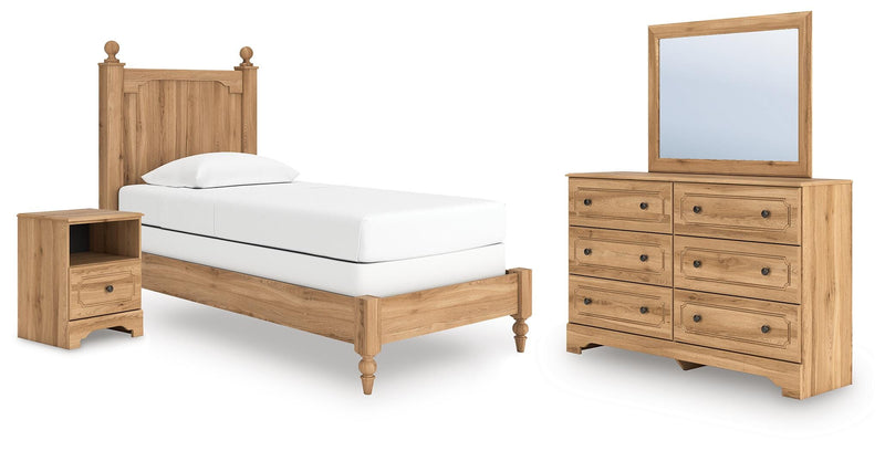 Aleaport Twin Panel Bed, Dresser, Mirror and Nightstand in Warm Brown - PKG022630