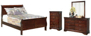 Alisdair Full Sleigh Bed with Mirrored Dresser and Chest in Reddish Brown - PKG004967