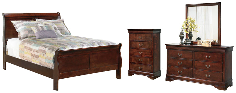 Alisdair Full Sleigh Bed with Mirrored Dresser and Chest in Reddish Brown - PKG004967