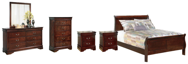 Alisdair Full Sleigh Bed with Mirrored Dresser, Chest and 2 Nightstands in Reddish Brown - PKG004970
