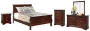 Alisdair Full Sleigh Bed with Mirrored Dresser, Chest and Nightstand in Reddish Brown - PKG004968
