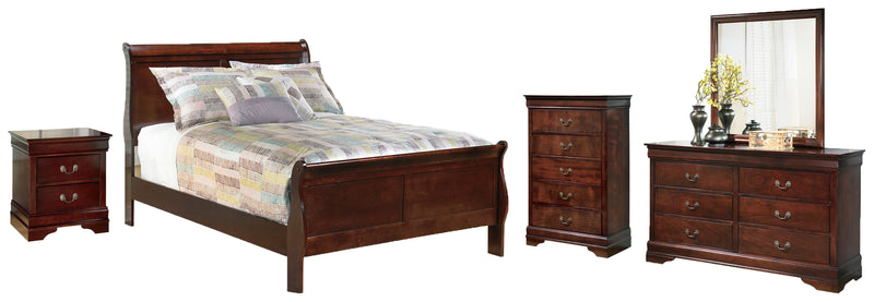 Alisdair Full Sleigh Bed with Mirrored Dresser, Chest and Nightstand in Reddish Brown - PKG004968