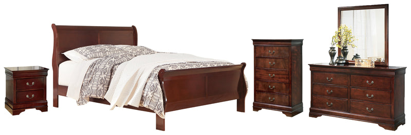 Alisdair King Sleigh Bed with Mirrored Dresser, Chest and Nightstand in Reddish Brown - PKG004985