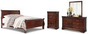 Alisdair Queen Sleigh Bed with Mirrored Dresser and Chest in Reddish Brown - PKG004962