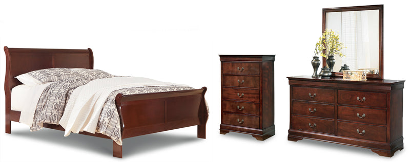 Alisdair Queen Sleigh Bed with Mirrored Dresser and Chest in Reddish Brown - PKG004962