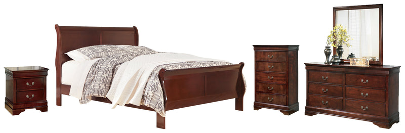 Alisdair Queen Sleigh Bed with Mirrored Dresser, Chest and Nightstand in Reddish Brown - PKG004963