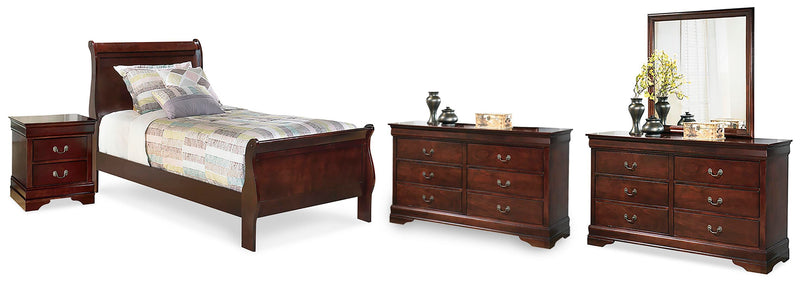 Alisdair Reddish Brown Twin Sleigh Bed, 2 Dressers, Mirror and Nightstand - B376B33