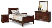 Alisdair Twin Sleigh Bed with Mirrored Dresser and 2 Nightstands in Reddish Brown - PKG004972
