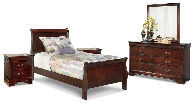 Alisdair Twin Sleigh Bed with Mirrored Dresser and 2 Nightstands in Reddish Brown - PKG004972