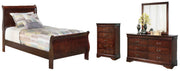 Alisdair Twin Sleigh Bed with Mirrored Dresser and Chest in Reddish Brown - PKG004974