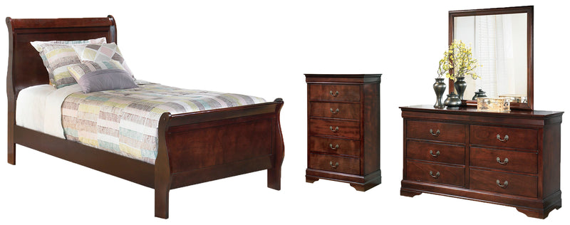 Alisdair Twin Sleigh Bed with Mirrored Dresser and Chest in Reddish Brown - PKG004974