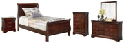 Alisdair Twin Sleigh Bed with Mirrored Dresser, Chest and Nightstand in Reddish Brown - PKG004976
