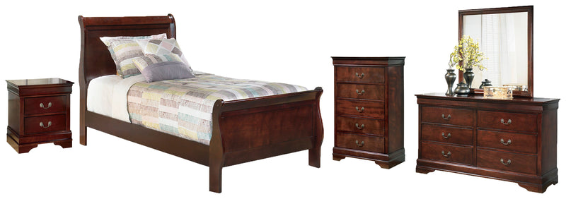 Alisdair Twin Sleigh Bed with Mirrored Dresser, Chest and Nightstand in Reddish Brown - PKG004976