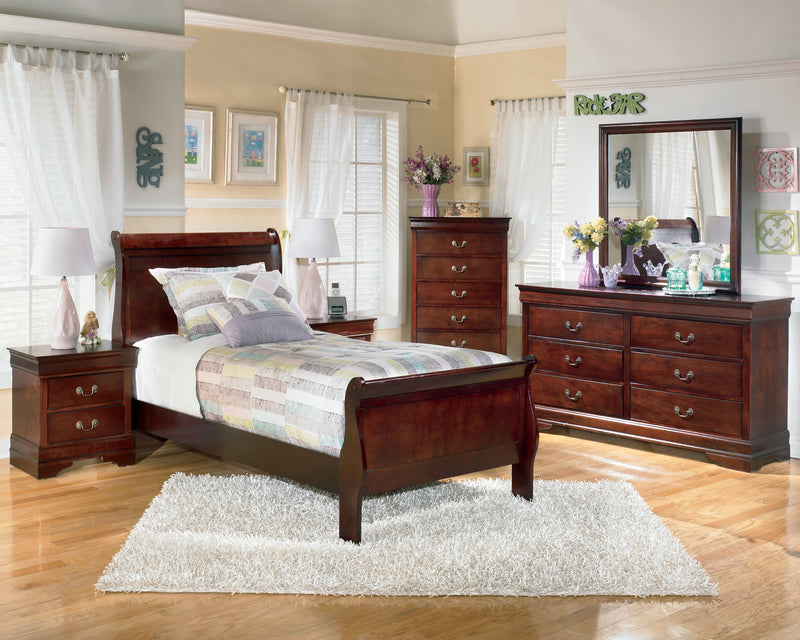 Alisdair Twin Sleigh Bed with Mirrored Dresser in Reddish Brown - PKG000532