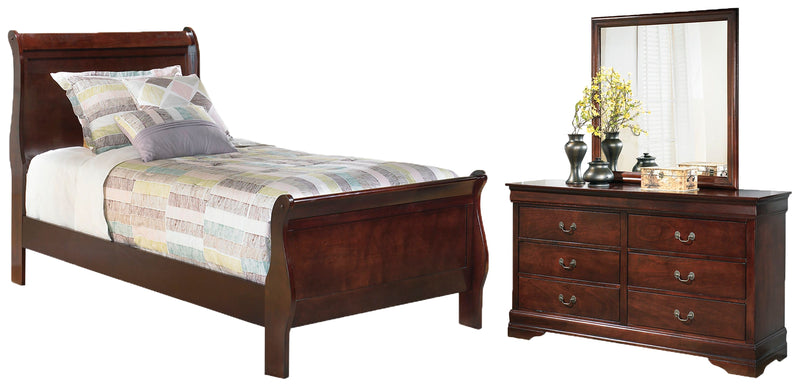 Alisdair Twin Sleigh Bed with Mirrored Dresser in Reddish Brown - PKG000532