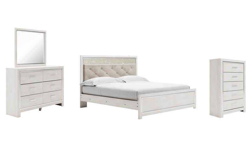 Altyra King Panel Bed with Mirrored Dresser and Chest in White - PKG009427