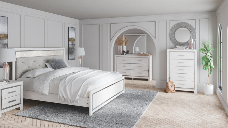 Altyra King Panel Bed with Mirrored Dresser and Chest in White - PKG009427
