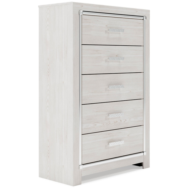 Altyra King Panel Bed with Mirrored Dresser and Chest in White - PKG009427