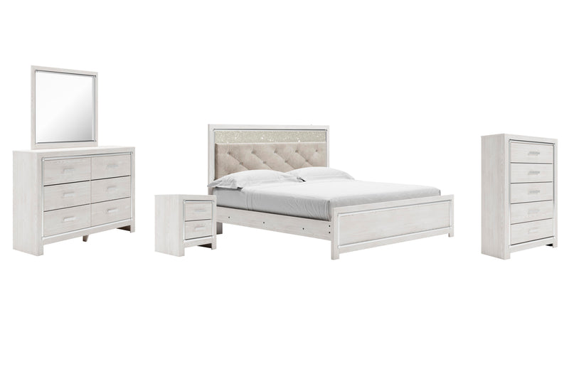 Altyra King Panel Bed with Mirrored Dresser, Chest and Nightstand in White - PKG009428