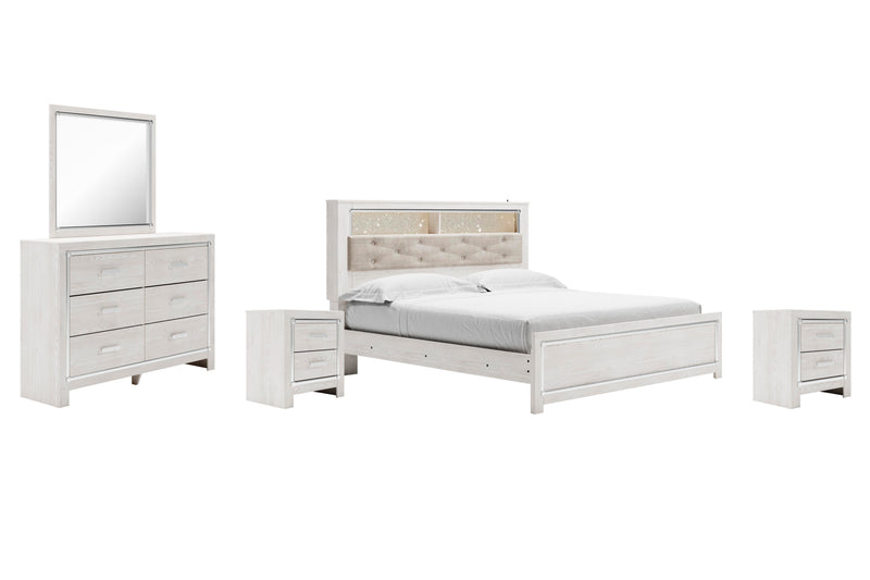 Altyra King Panel Bookcase Bed with Mirrored Dresser and 2 Nightstands in White - PKG009438
